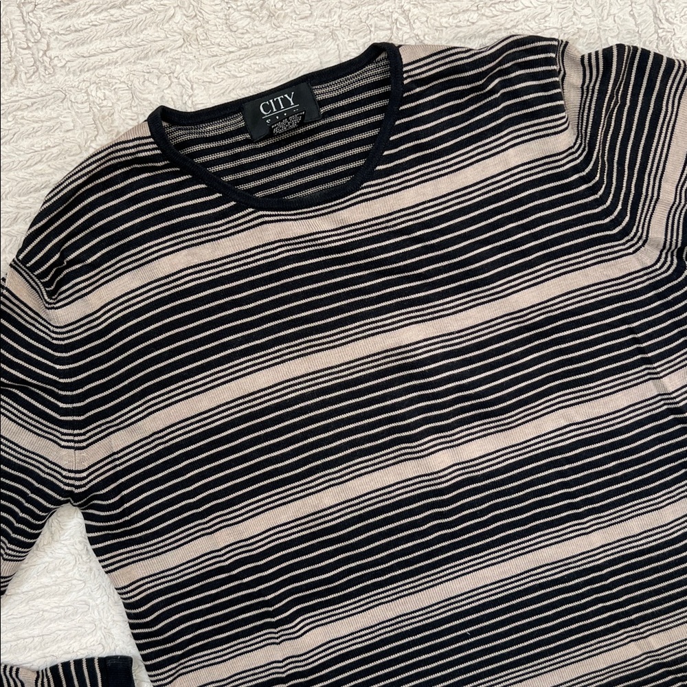 City Silk Striped 70% Silk 30% Cotton Knit Top in Black & Tan, Size Large, EUC - Picture 2 of 16